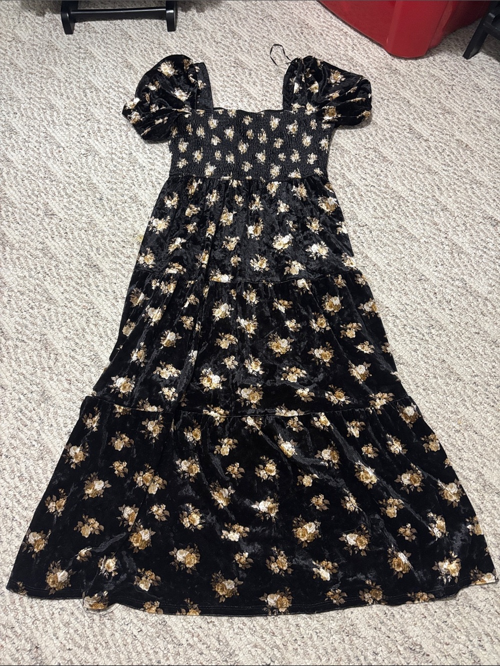 Black Floral Puff-Sleeve Maxi Dress with Smocked Bodice